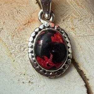 Sterling Silver Black and Red Lave Dahlia  Oval Stone Pendant